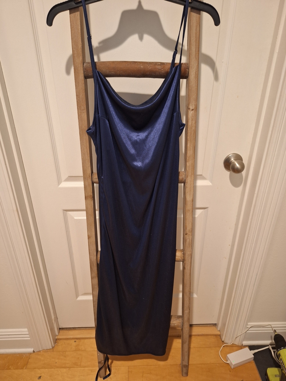 Nwot Navy Satin Slip Dress with Cowl Neck